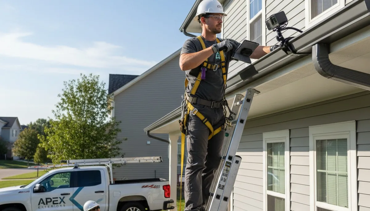 Technician performing gutter inspection on vinyl siding home in Greensboro, NC