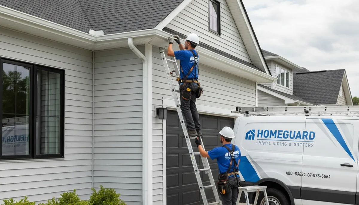 Technician repairing residential gutters and vinyl siding in Greensboro, NC
