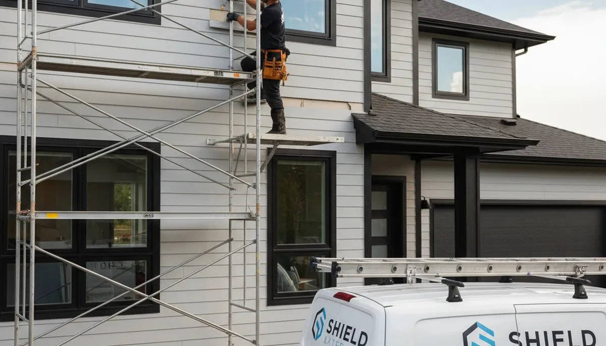 Technicians repairing damaged vinyl siding on a Greensboro NC home exterior