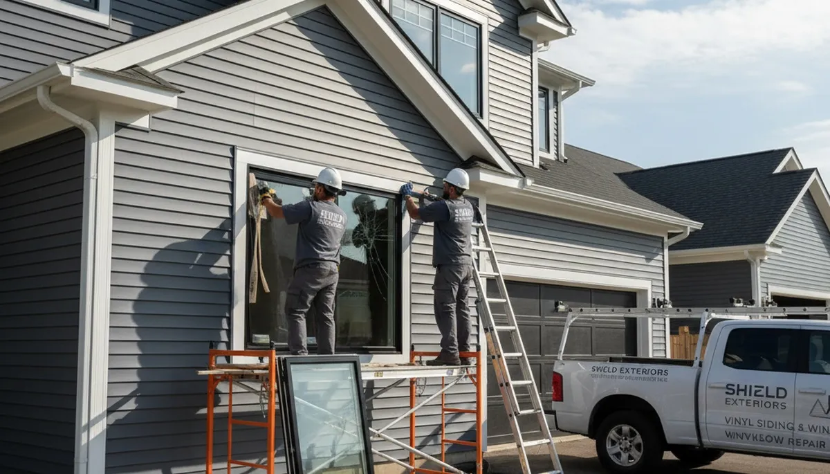 Technician repairing home window next to vinyl siding in Greensboro, NC