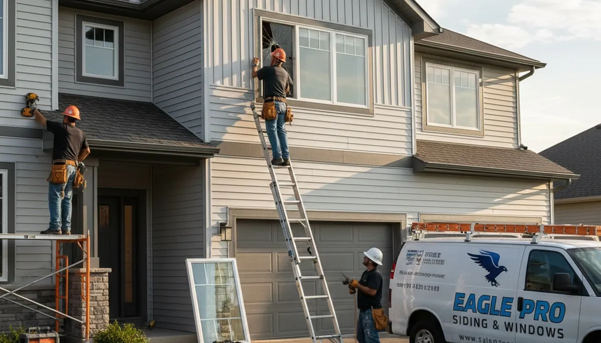 Technician performing window repair on vinyl siding home in Greensboro, NC